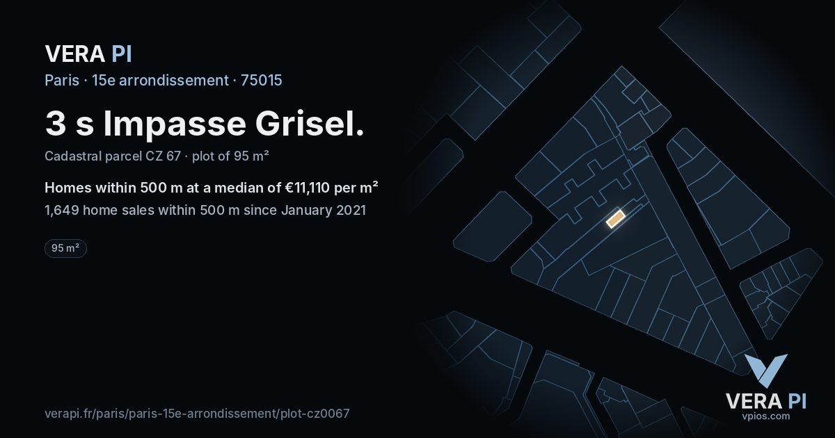 3 s Impasse Grisel, 15e arrondissement at night – the plot lit, the parcels around coloured by the prices near them