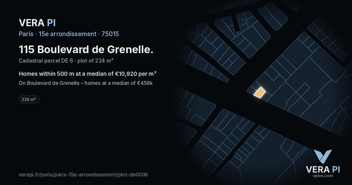 115 Boulevard de Grenelle, 15e arrondissement at night – the plot lit, the parcels around coloured by the prices near them