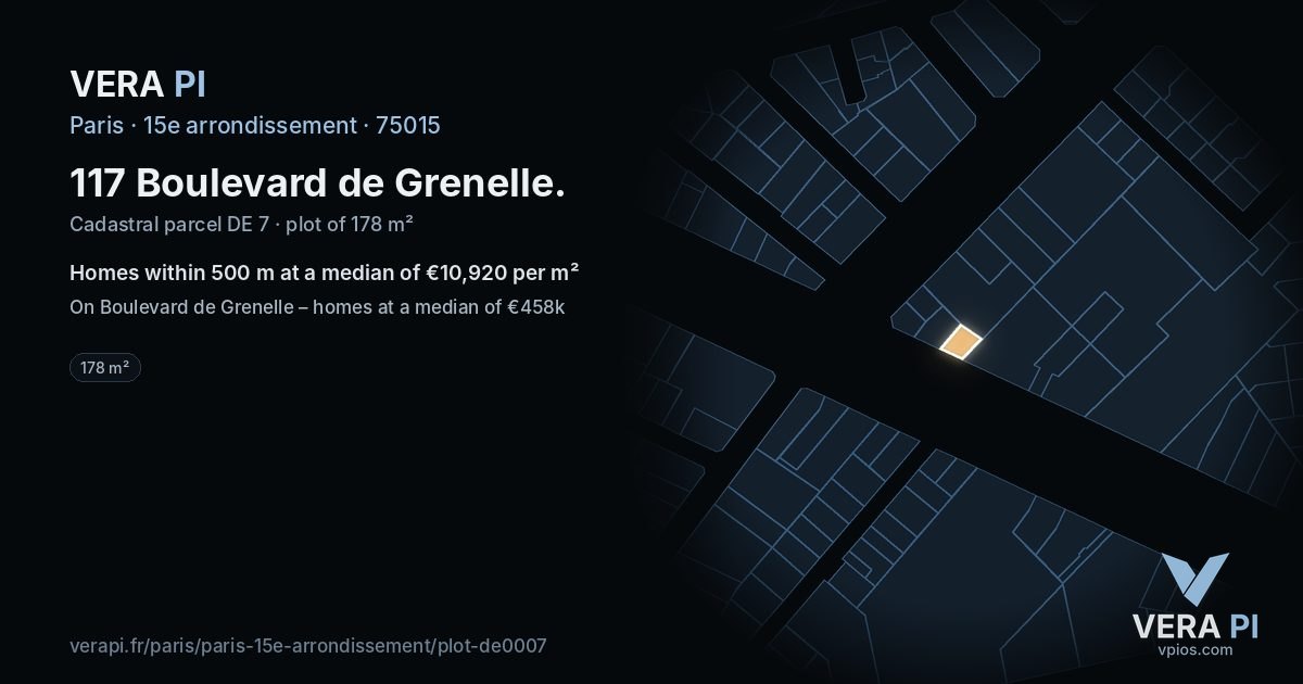 117 Boulevard de Grenelle, 15e arrondissement at night – the plot lit, the parcels around coloured by the prices near them