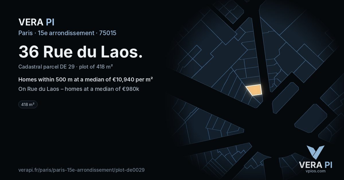 36 Rue du Laos, 15e arrondissement at night – the plot lit, the parcels around coloured by the prices near them