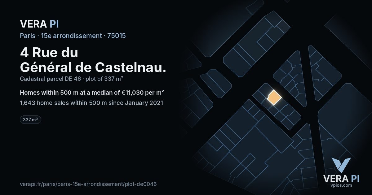 4 Rue du Général de Castelnau, 15e arrondissement at night – the plot lit, the parcels around coloured by the prices near them