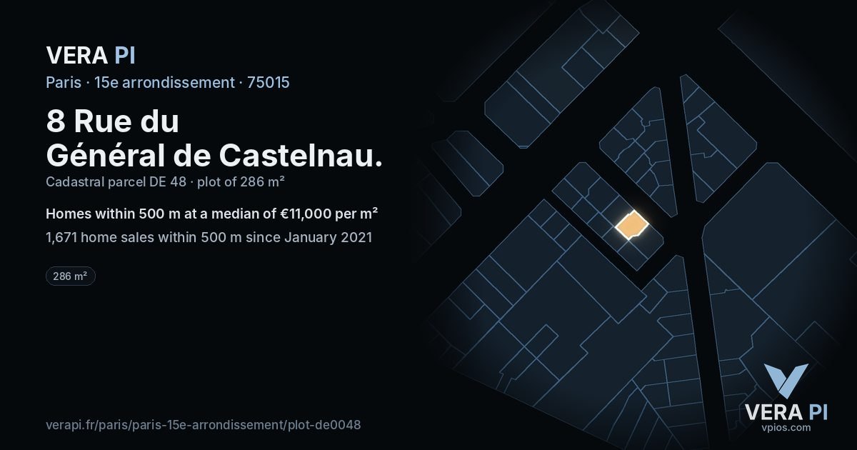 8 Rue du Général de Castelnau, 15e arrondissement at night – the plot lit, the parcels around coloured by the prices near them