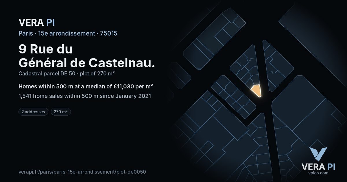 9 Rue du Général de Castelnau, 15e arrondissement at night – the plot lit, the parcels around coloured by the prices near them