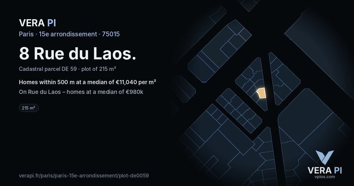 8 Rue du Laos, 15e arrondissement at night – the plot lit, the parcels around coloured by the prices near them