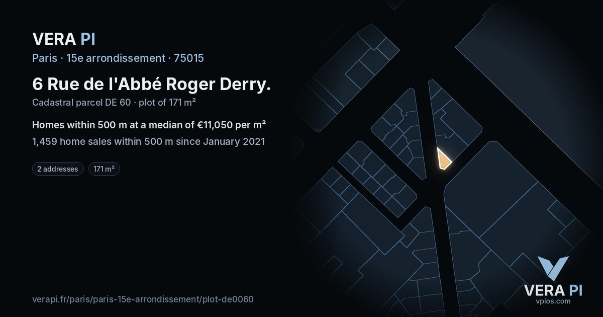 6 Rue de l'Abbé Roger Derry, 15e arrondissement at night – the plot lit, the parcels around coloured by the prices near them