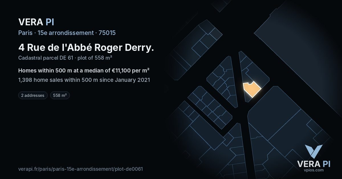 4 Rue de l'Abbé Roger Derry, 15e arrondissement at night – the plot lit, the parcels around coloured by the prices near them