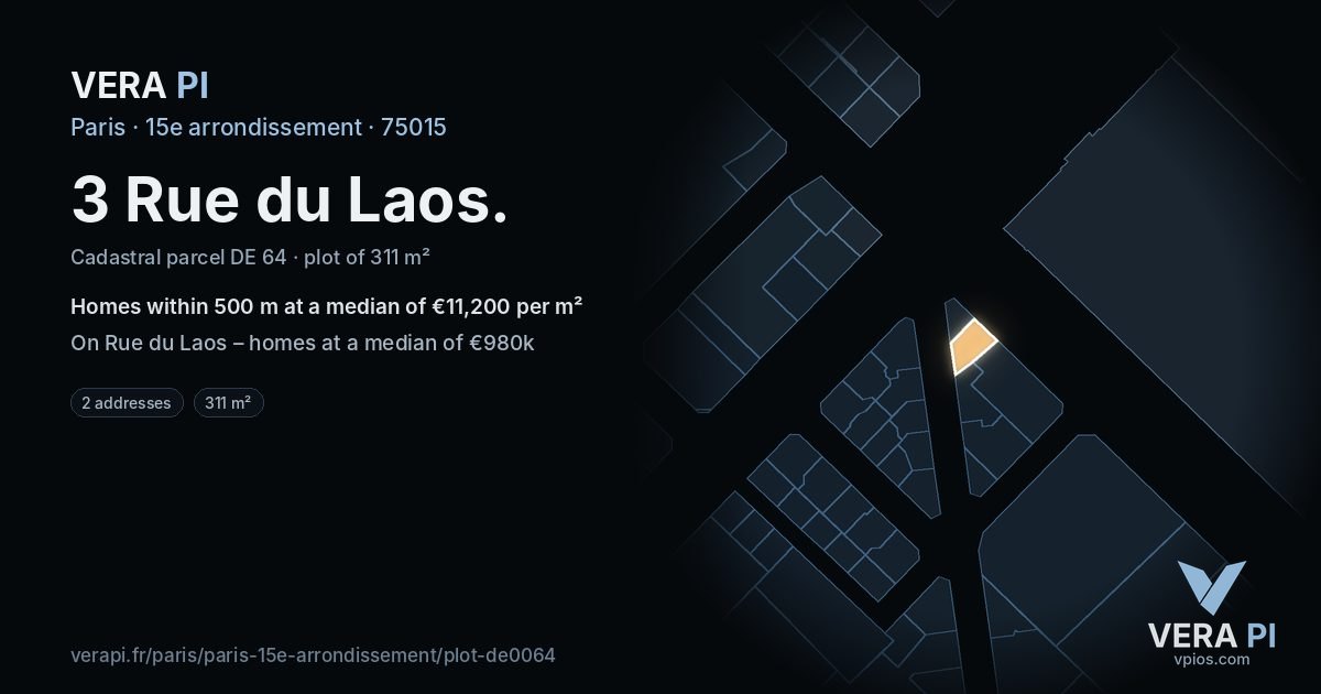 3 Rue du Laos, 15e arrondissement at night – the plot lit, the parcels around coloured by the prices near them