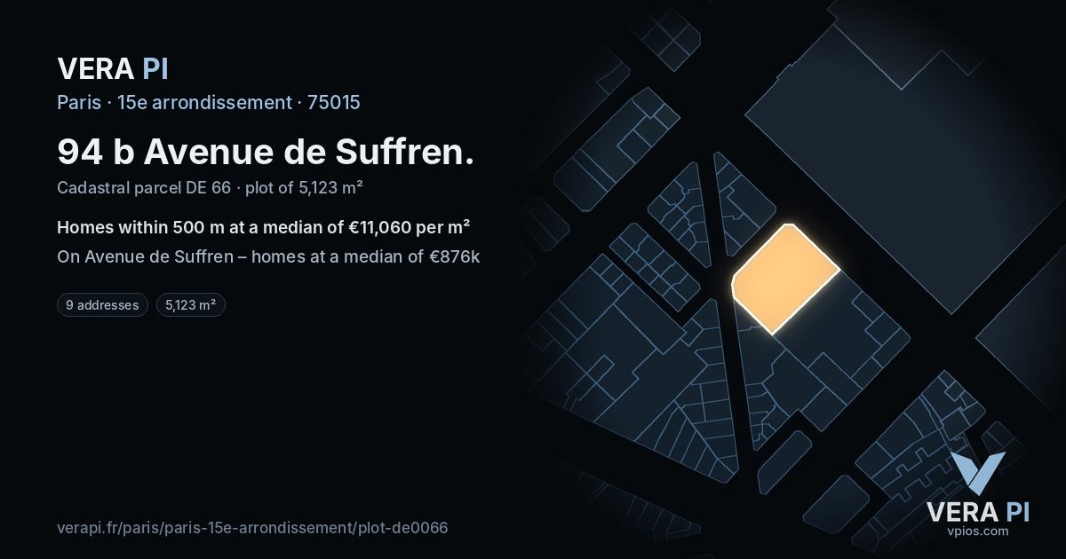 94 b Avenue de Suffren, 15e arrondissement at night – the plot lit, the parcels around coloured by the prices near them