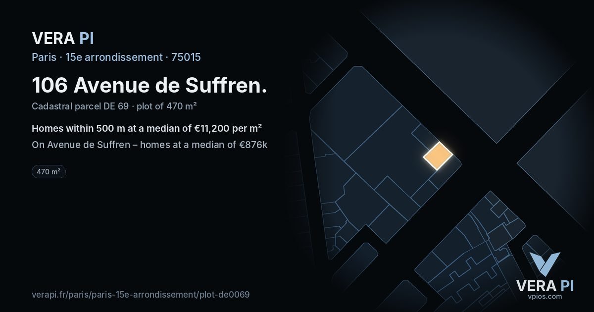 106 Avenue de Suffren, 15e arrondissement at night – the plot lit, the parcels around coloured by the prices near them