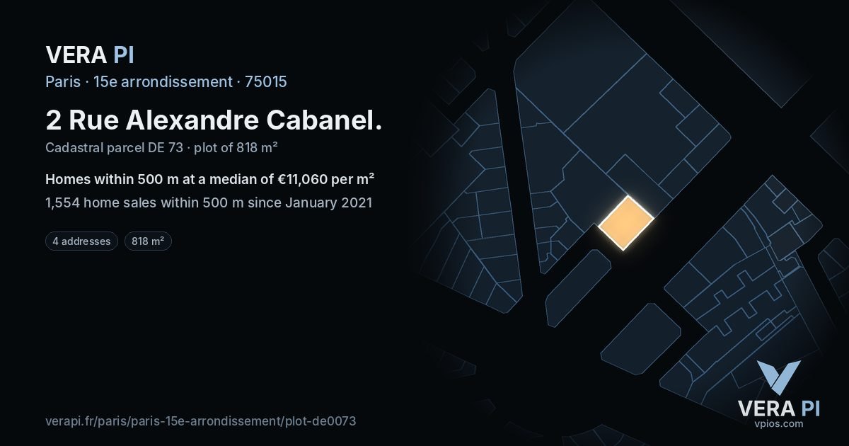 2 Rue Alexandre Cabanel, 15e arrondissement at night – the plot lit, the parcels around coloured by the prices near them