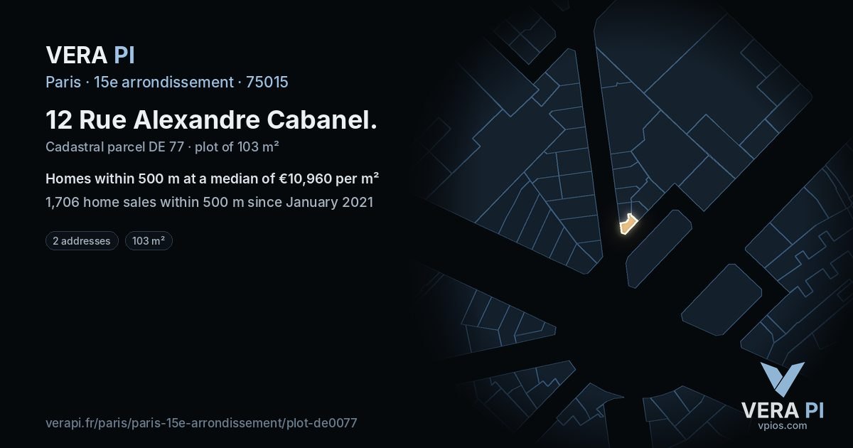 12 Rue Alexandre Cabanel, 15e arrondissement at night – the plot lit, the parcels around coloured by the prices near them