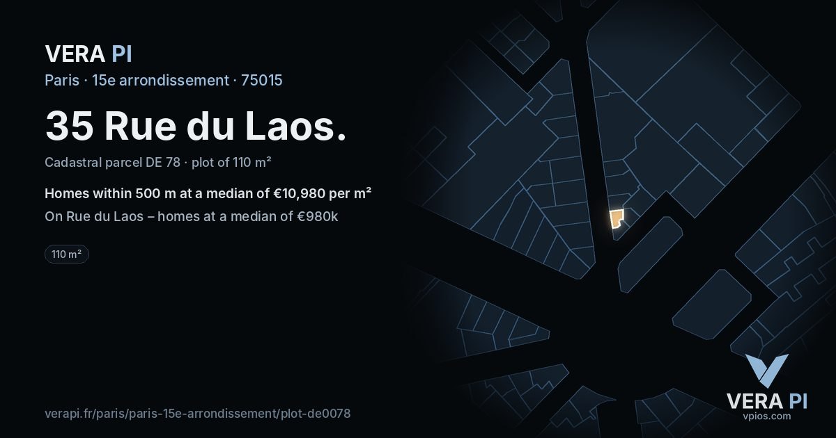 35 Rue du Laos, 15e arrondissement at night – the plot lit, the parcels around coloured by the prices near them