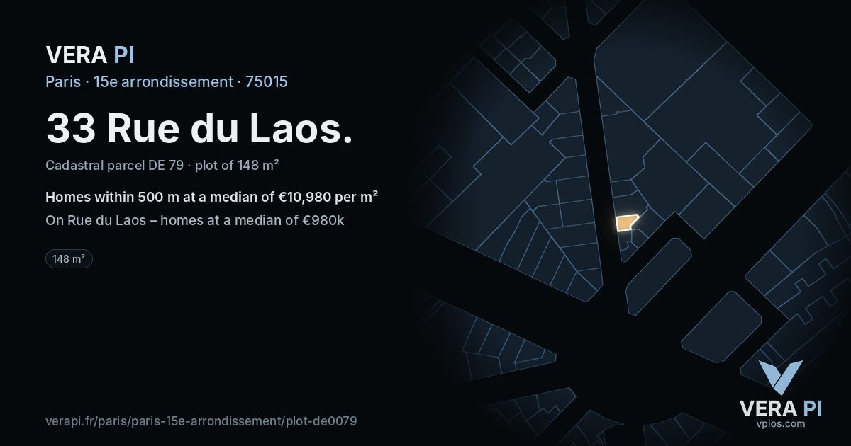 33 Rue du Laos, 15e arrondissement at night – the plot lit, the parcels around coloured by the prices near them