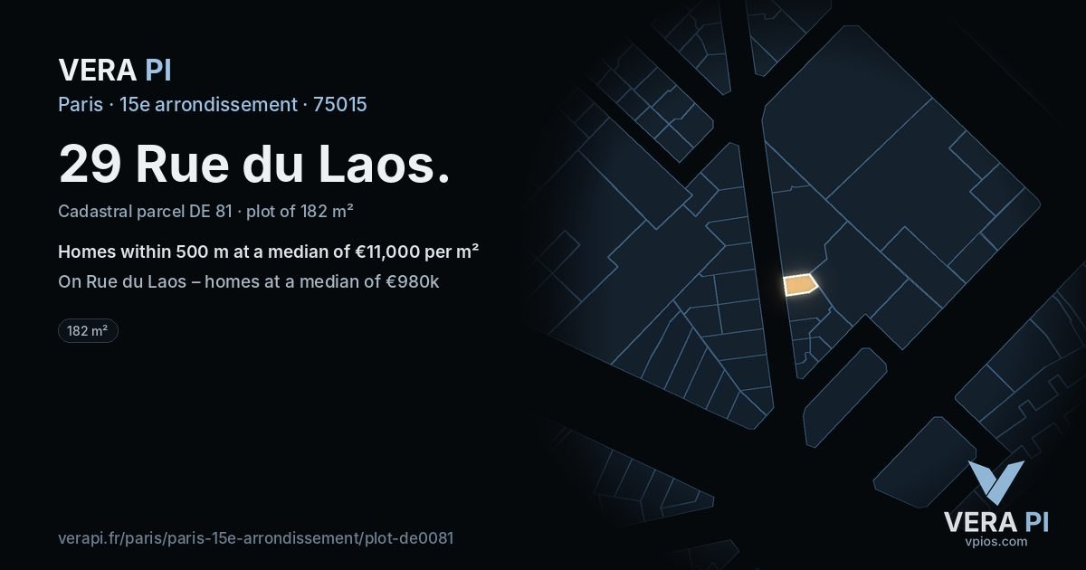 29 Rue du Laos, 15e arrondissement at night – the plot lit, the parcels around coloured by the prices near them