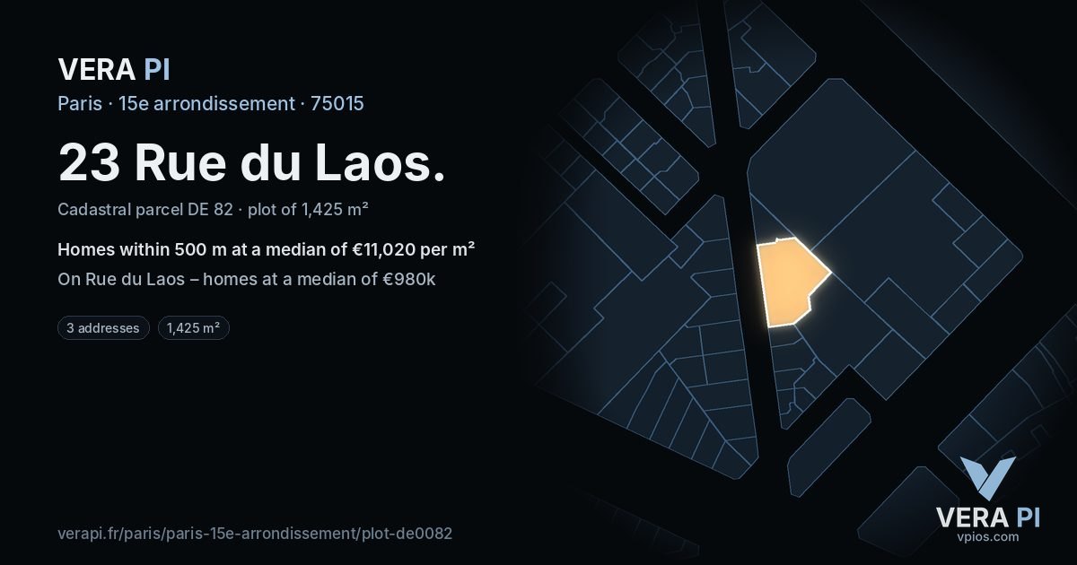 23 Rue du Laos, 15e arrondissement at night – the plot lit, the parcels around coloured by the prices near them