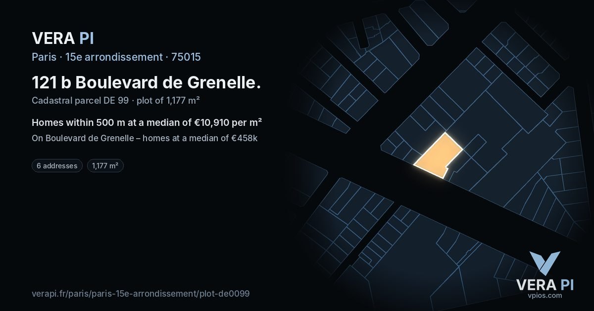 121 b Boulevard de Grenelle, 15e arrondissement at night – the plot lit, the parcels around coloured by the prices near them
