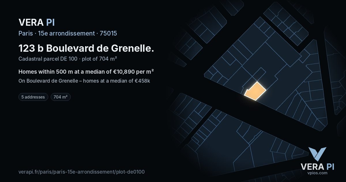 123 b Boulevard de Grenelle, 15e arrondissement at night – the plot lit, the parcels around coloured by the prices near them
