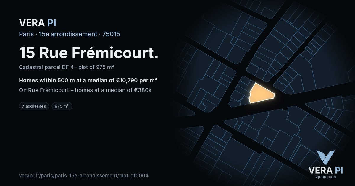 15 Rue Frémicourt, 15e arrondissement at night – the plot lit, the parcels around coloured by the prices near them