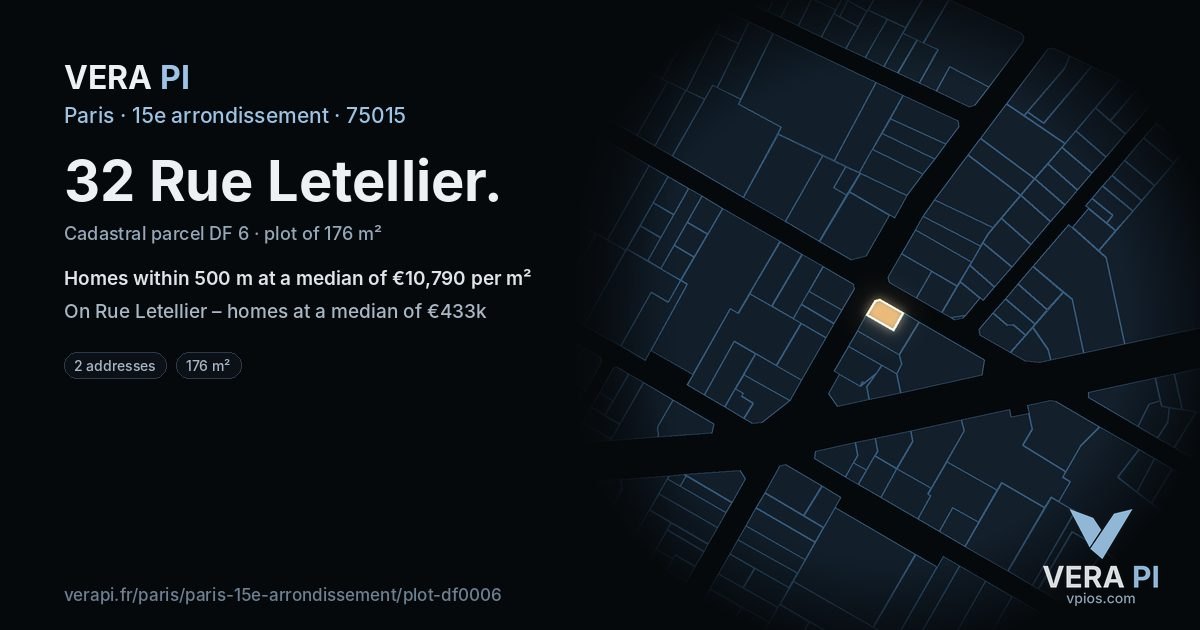 32 Rue Letellier, 15e arrondissement at night – the plot lit, the parcels around coloured by the prices near them