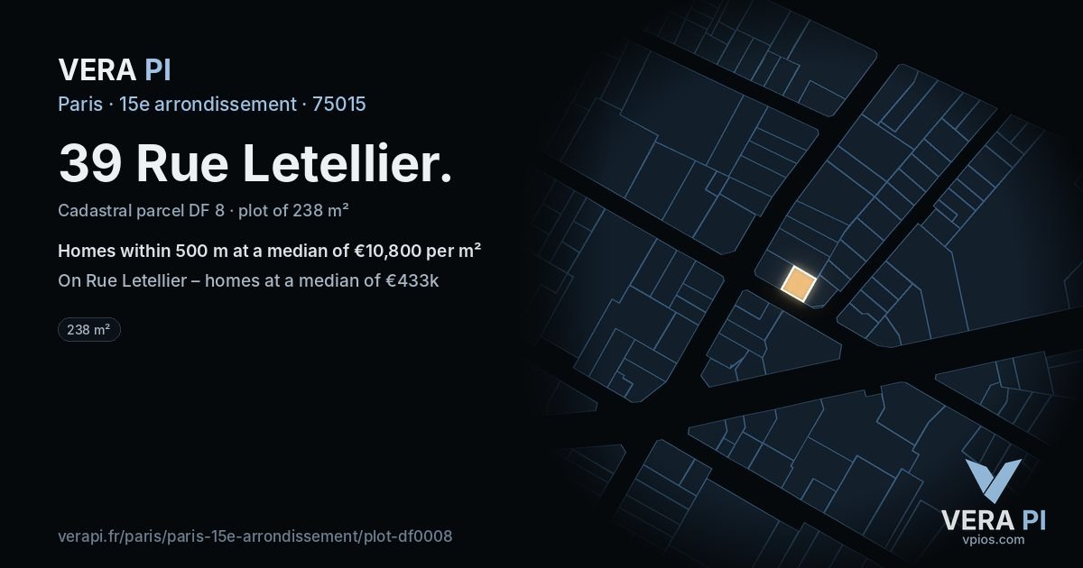 39 Rue Letellier, 15e arrondissement at night – the plot lit, the parcels around coloured by the prices near them