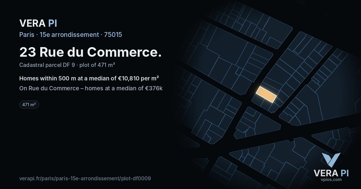 23 Rue du Commerce, 15e arrondissement at night – the plot lit, the parcels around coloured by the prices near them