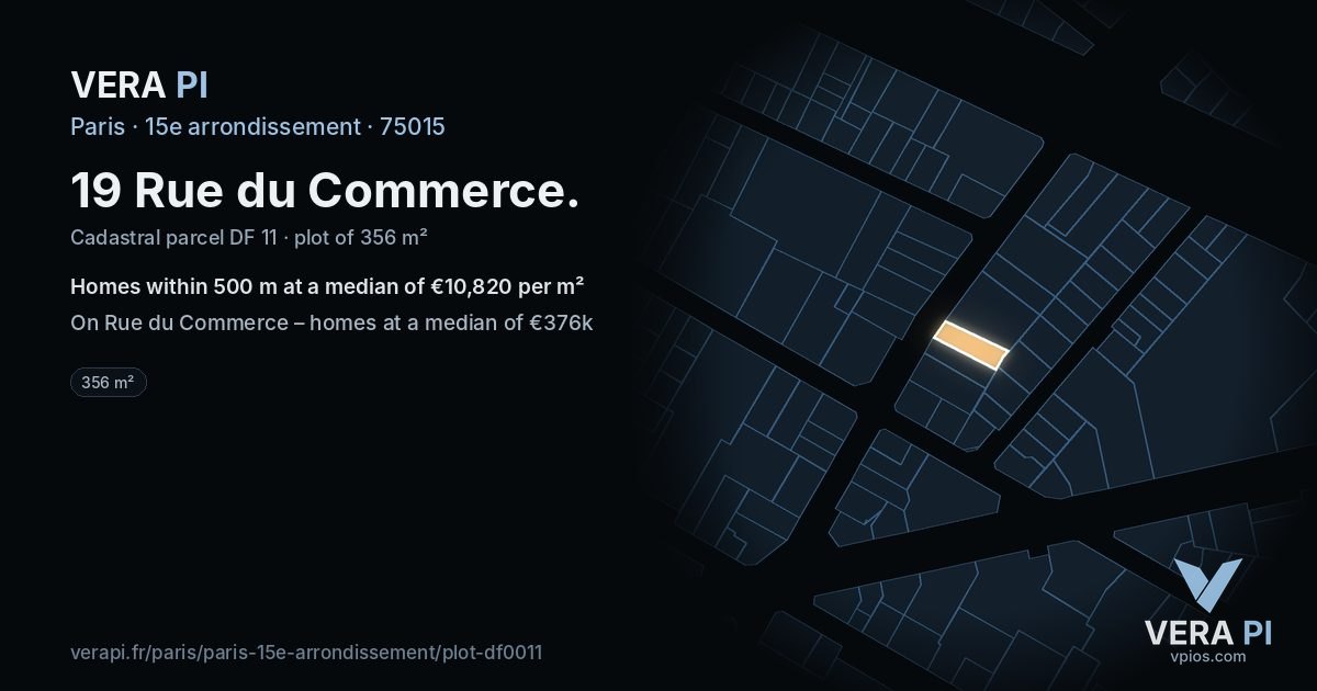 19 Rue du Commerce, 15e arrondissement at night – the plot lit, the parcels around coloured by the prices near them