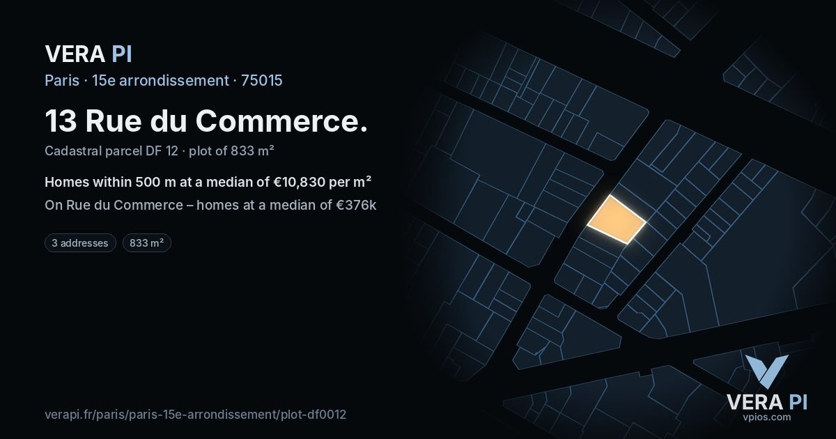 13 Rue du Commerce, 15e arrondissement at night – the plot lit, the parcels around coloured by the prices near them
