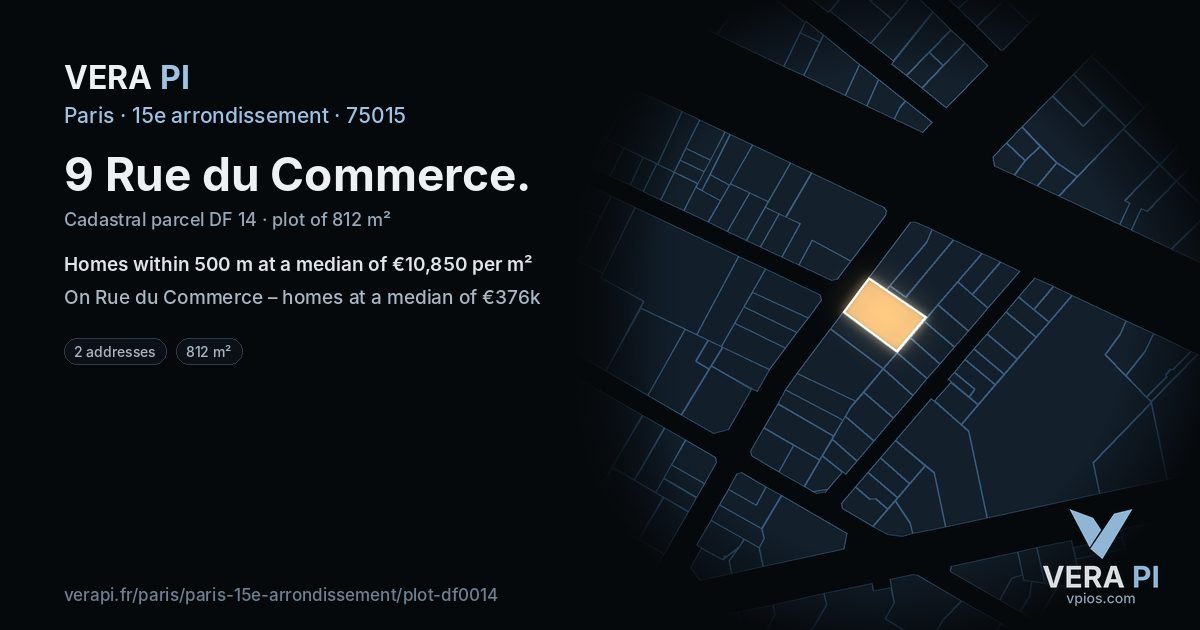 9 Rue du Commerce, 15e arrondissement at night – the plot lit, the parcels around coloured by the prices near them