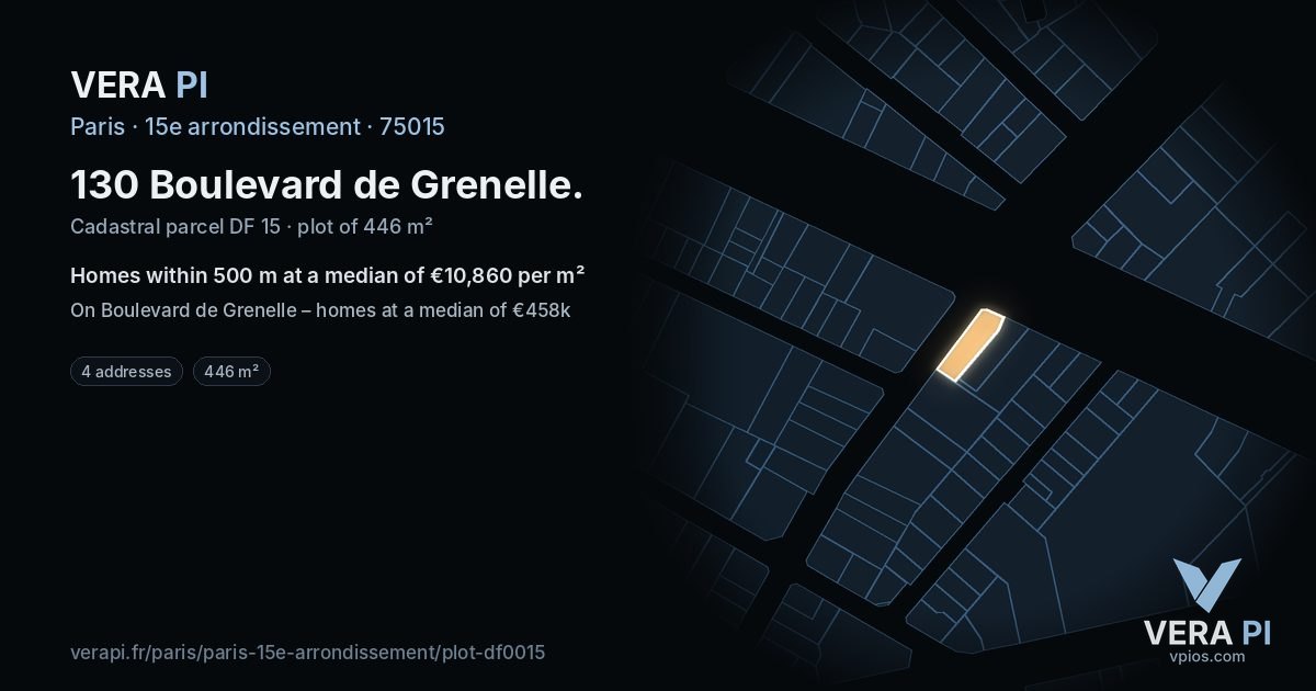 130 Boulevard de Grenelle, 15e arrondissement at night – the plot lit, the parcels around coloured by the prices near them