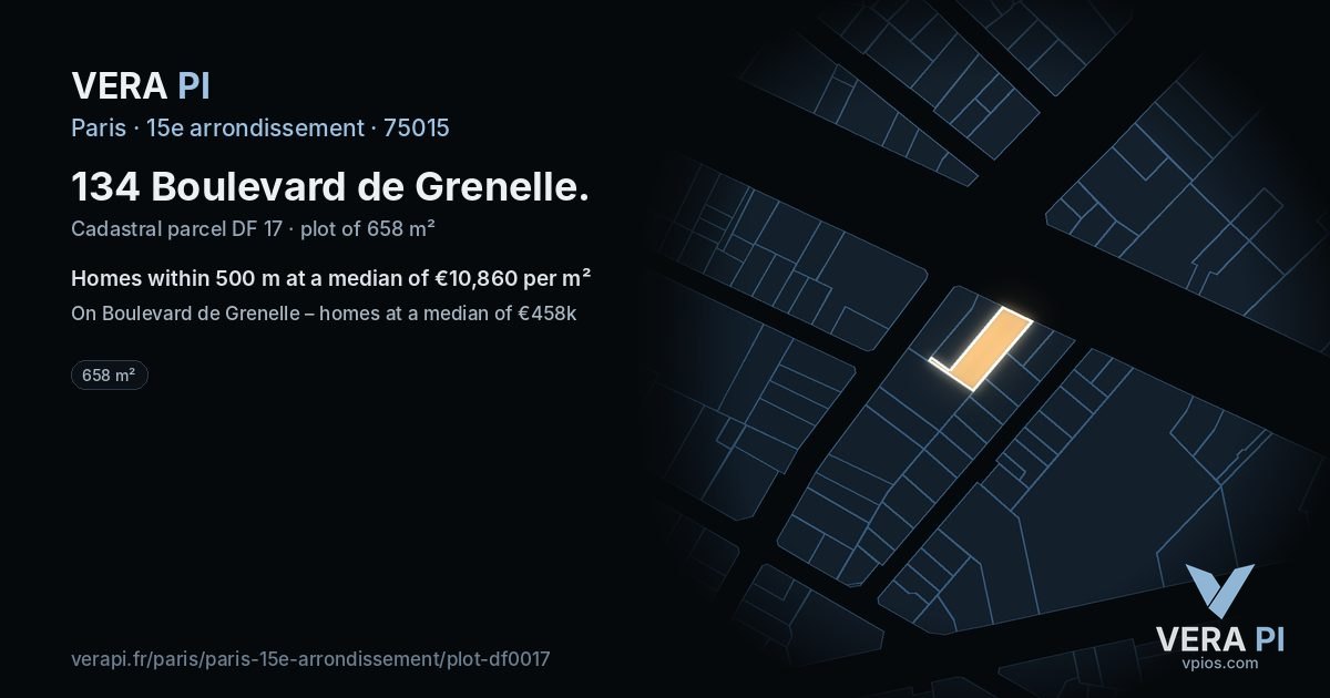 134 Boulevard de Grenelle, 15e arrondissement at night – the plot lit, the parcels around coloured by the prices near them