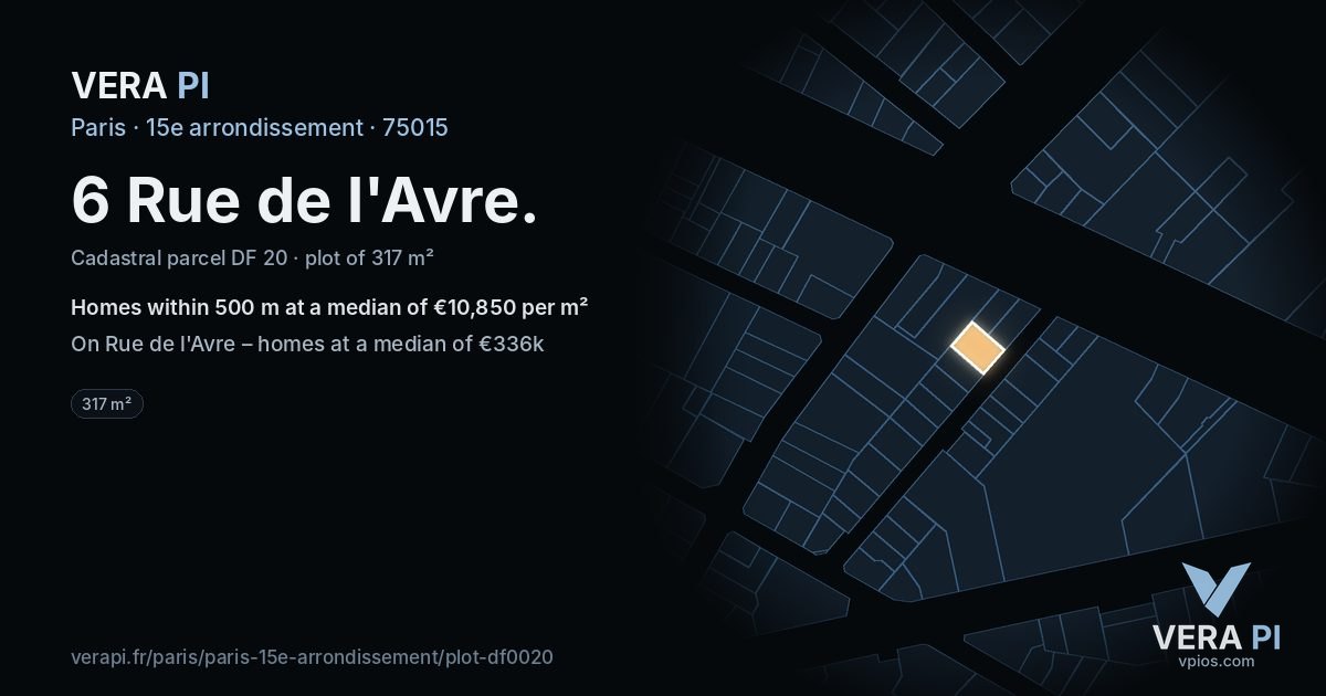 6 Rue de l'Avre, 15e arrondissement at night – the plot lit, the parcels around coloured by the prices near them