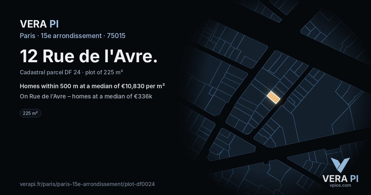12 Rue de l'Avre, 15e arrondissement at night – the plot lit, the parcels around coloured by the prices near them