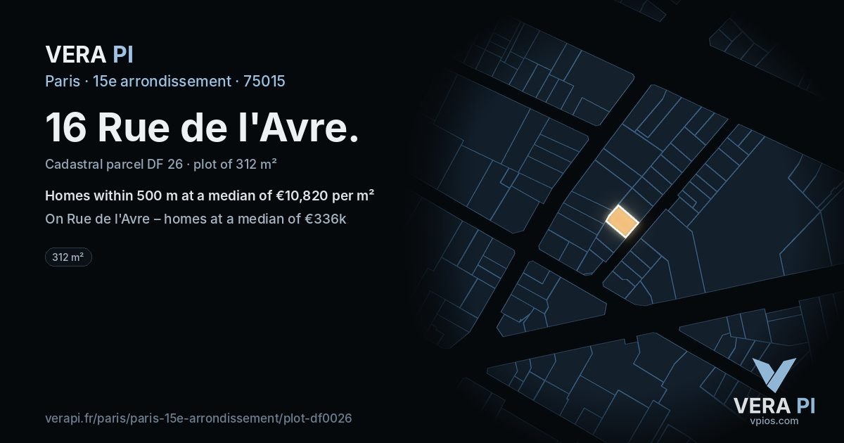 16 Rue de l'Avre, 15e arrondissement at night – the plot lit, the parcels around coloured by the prices near them