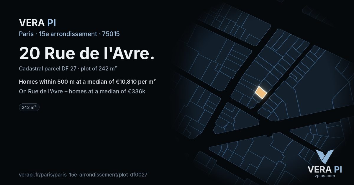 20 Rue de l'Avre, 15e arrondissement at night – the plot lit, the parcels around coloured by the prices near them