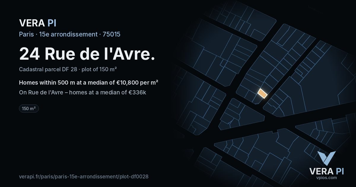 24 Rue de l'Avre, 15e arrondissement at night – the plot lit, the parcels around coloured by the prices near them