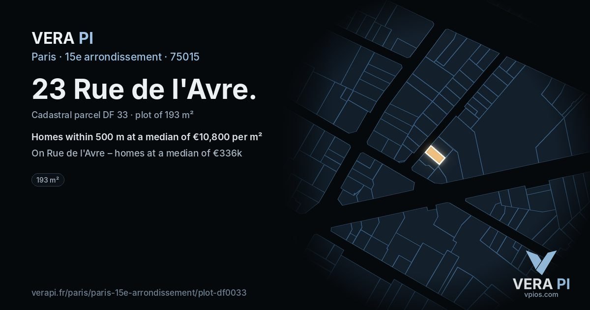 23 Rue de l'Avre, 15e arrondissement at night – the plot lit, the parcels around coloured by the prices near them