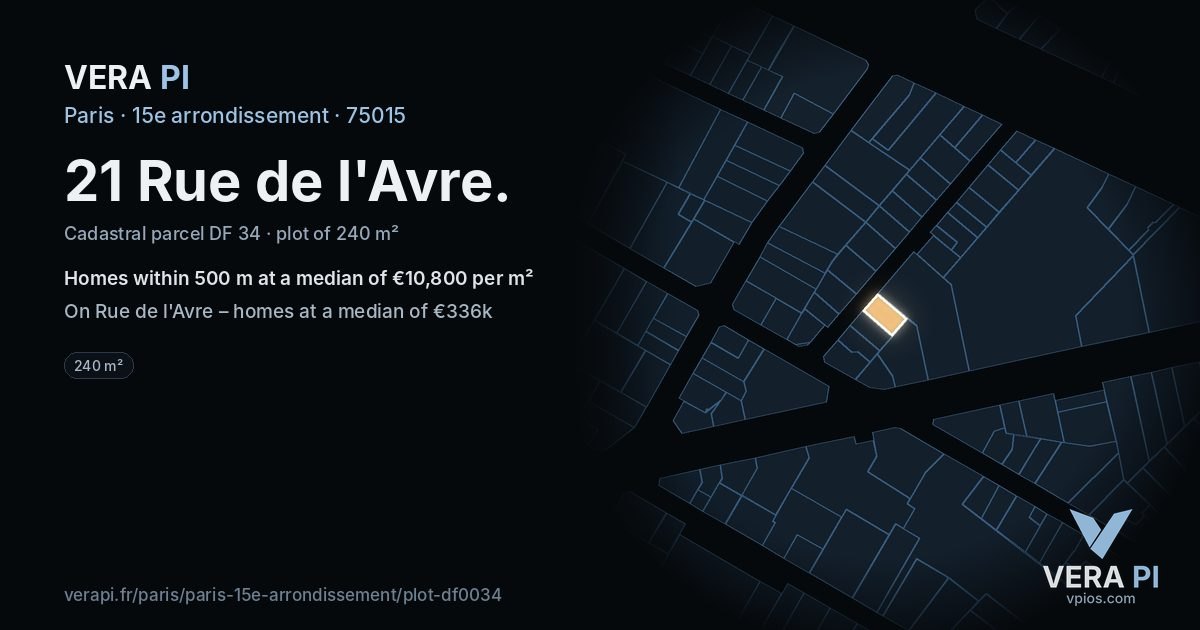 21 Rue de l'Avre, 15e arrondissement at night – the plot lit, the parcels around coloured by the prices near them
