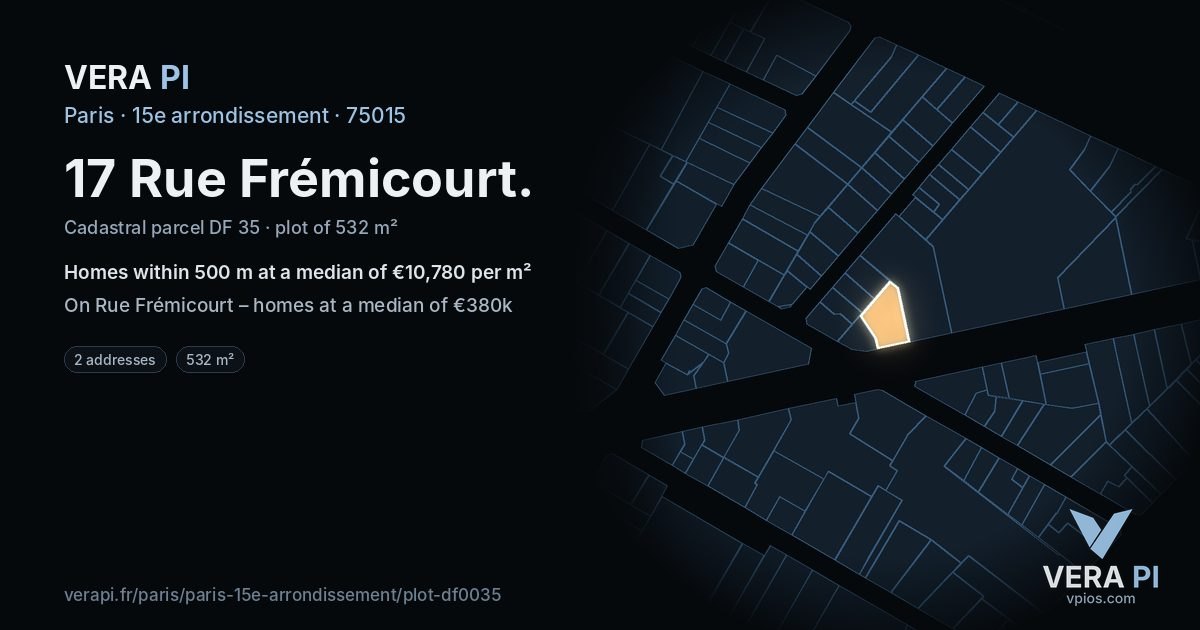 17 Rue Frémicourt, 15e arrondissement at night – the plot lit, the parcels around coloured by the prices near them