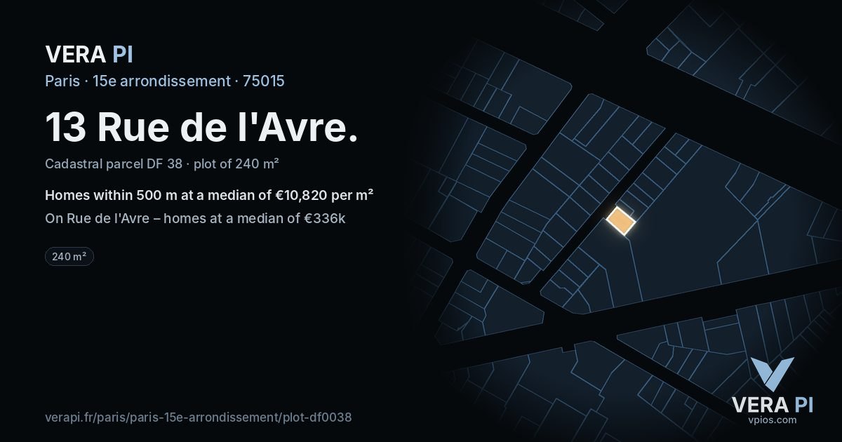 13 Rue de l'Avre, 15e arrondissement at night – the plot lit, the parcels around coloured by the prices near them