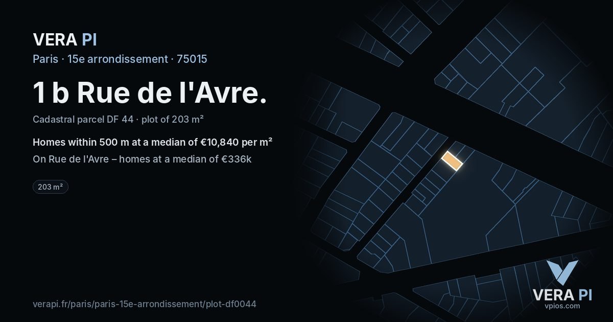 1 b Rue de l'Avre, 15e arrondissement at night – the plot lit, the parcels around coloured by the prices near them
