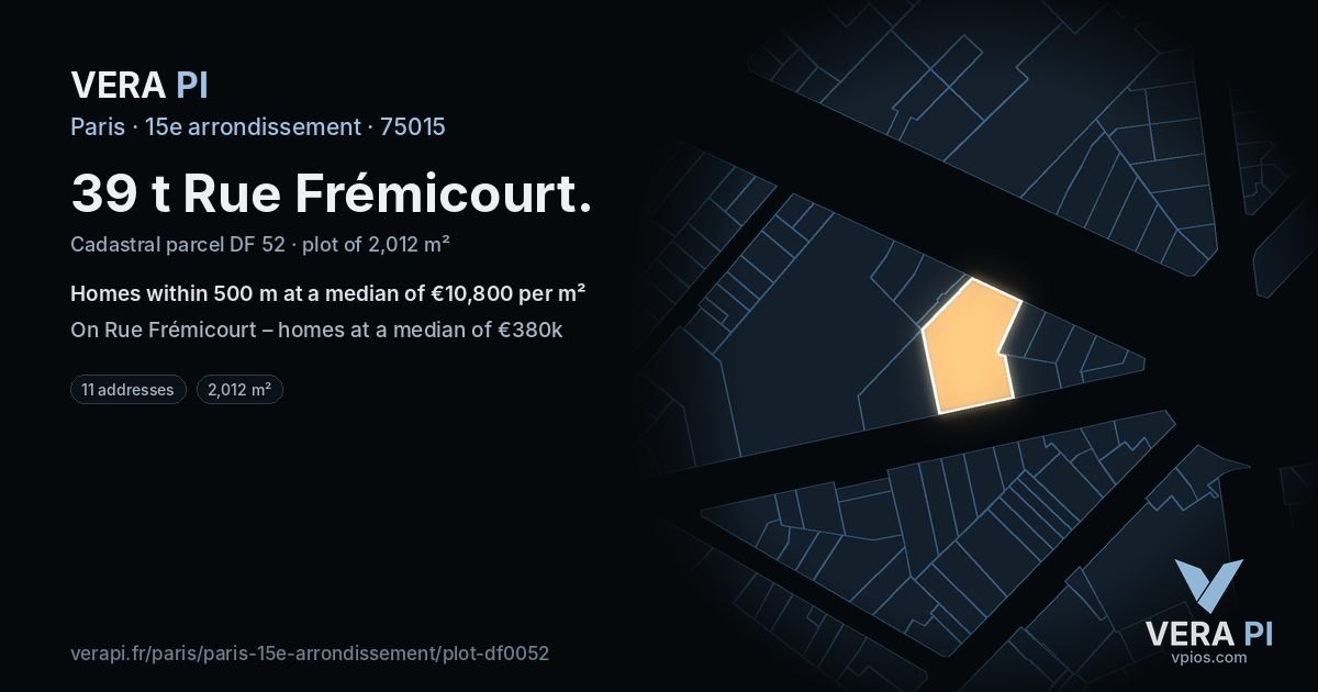 39 t Rue Frémicourt, 15e arrondissement at night – the plot lit, the parcels around coloured by the prices near them