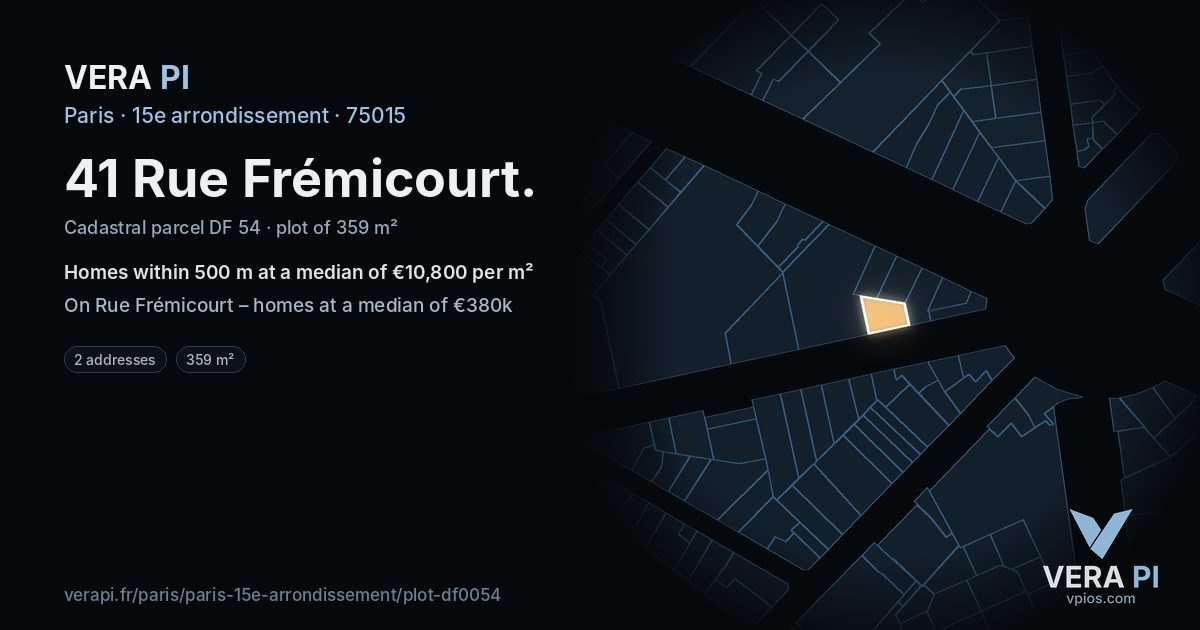 41 Rue Frémicourt, 15e arrondissement at night – the plot lit, the parcels around coloured by the prices near them