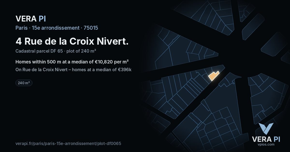 4 Rue de la Croix Nivert, 15e arrondissement at night – the plot lit, the parcels around coloured by the prices near them
