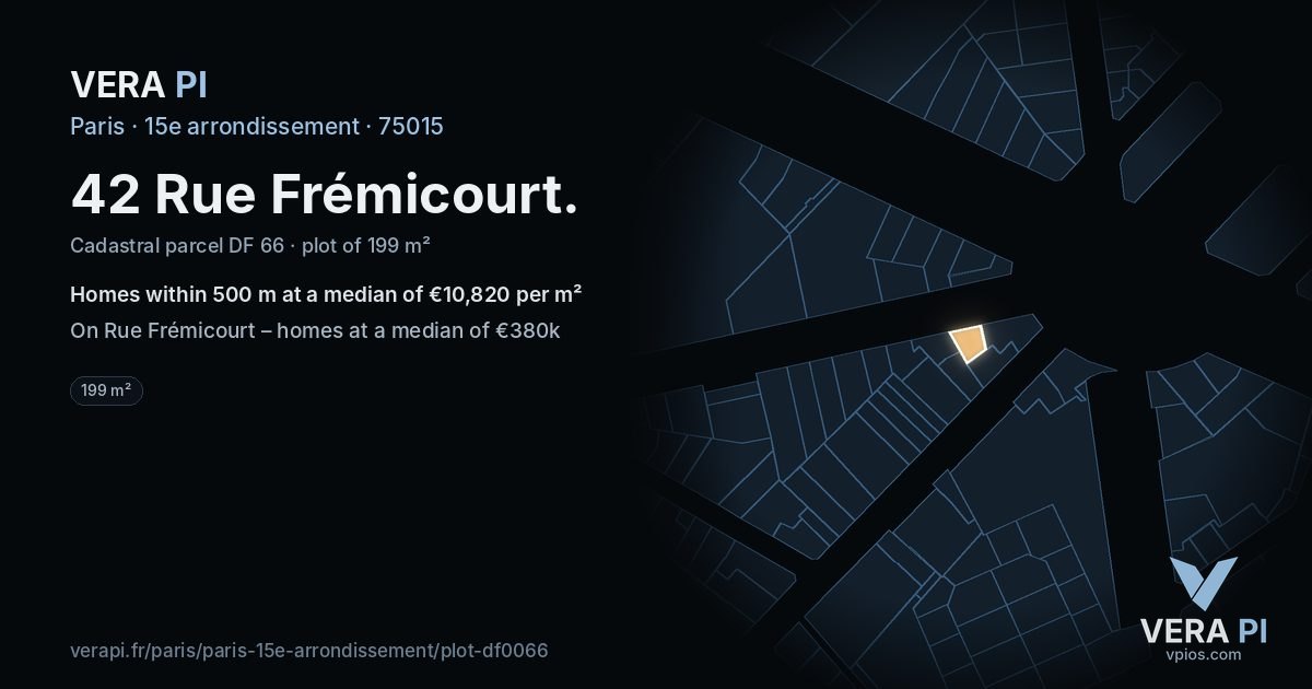 42 Rue Frémicourt, 15e arrondissement at night – the plot lit, the parcels around coloured by the prices near them