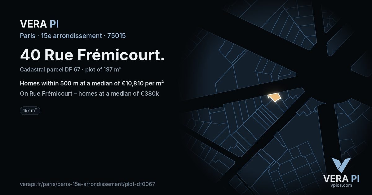 40 Rue Frémicourt, 15e arrondissement at night – the plot lit, the parcels around coloured by the prices near them