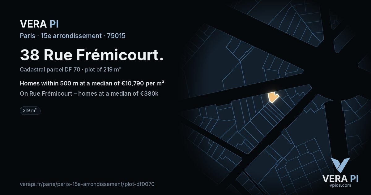 38 Rue Frémicourt, 15e arrondissement at night – the plot lit, the parcels around coloured by the prices near them