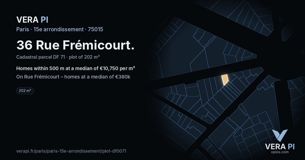 36 Rue Frémicourt, 15e arrondissement at night – the plot lit, the parcels around coloured by the prices near them