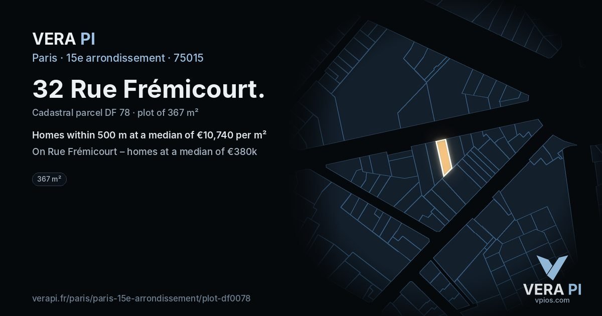 32 Rue Frémicourt, 15e arrondissement at night – the plot lit, the parcels around coloured by the prices near them