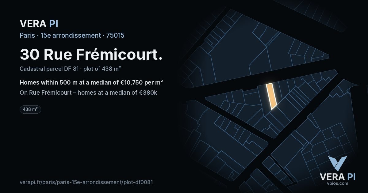 30 Rue Frémicourt, 15e arrondissement at night – the plot lit, the parcels around coloured by the prices near them