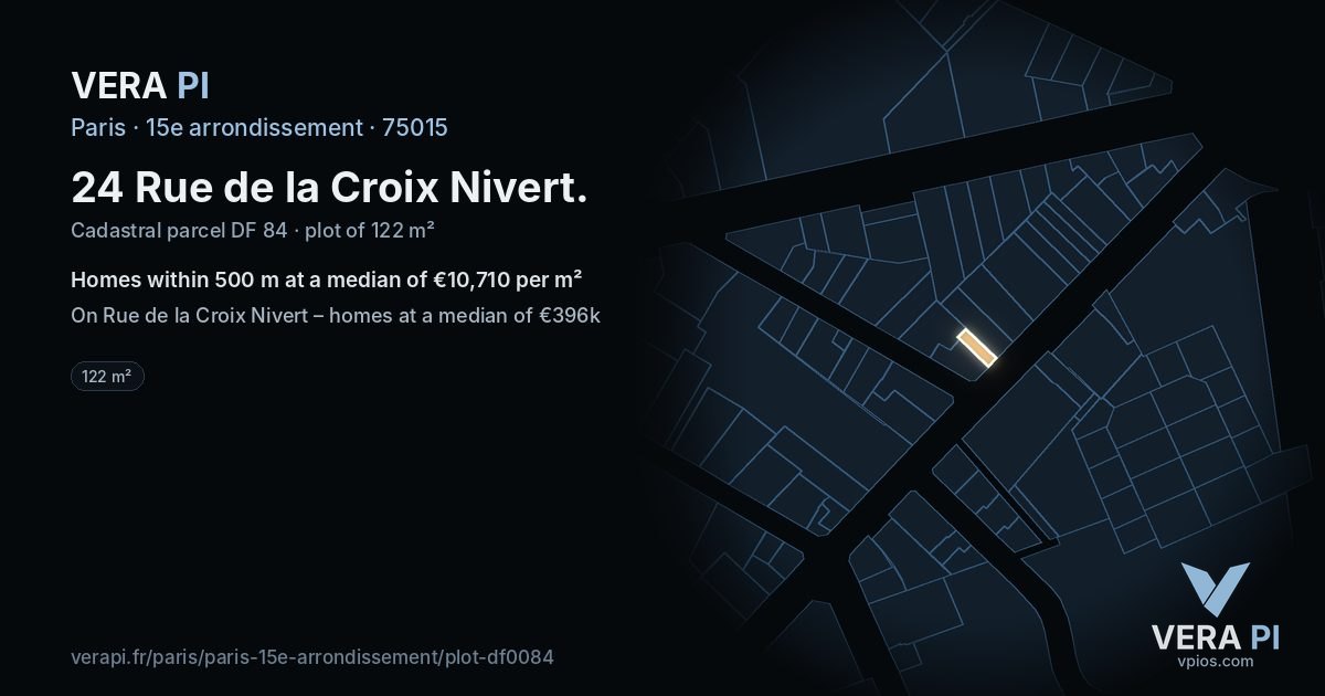 24 Rue de la Croix Nivert, 15e arrondissement at night – the plot lit, the parcels around coloured by the prices near them